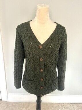 Forest Green Aran Craft Cardigan 100 Percent Ireland Merino Wool. Size S. EUC